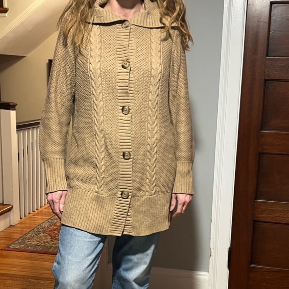 LOFT Button-Up Cable Knit Cardigan - Tan - Picture 2 of 3